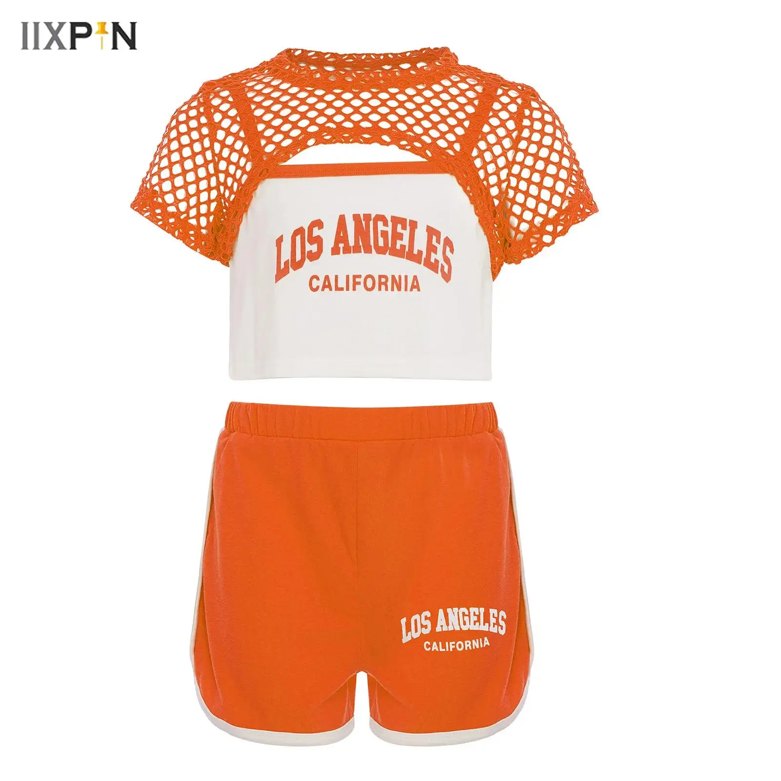 

Kids Girls Hip-hop Street Dance Costume Outfit 3-Piece Casual Short Sleeve Hollow Out Mesh Crop Top Shirt+Camisole Vest+Shorts