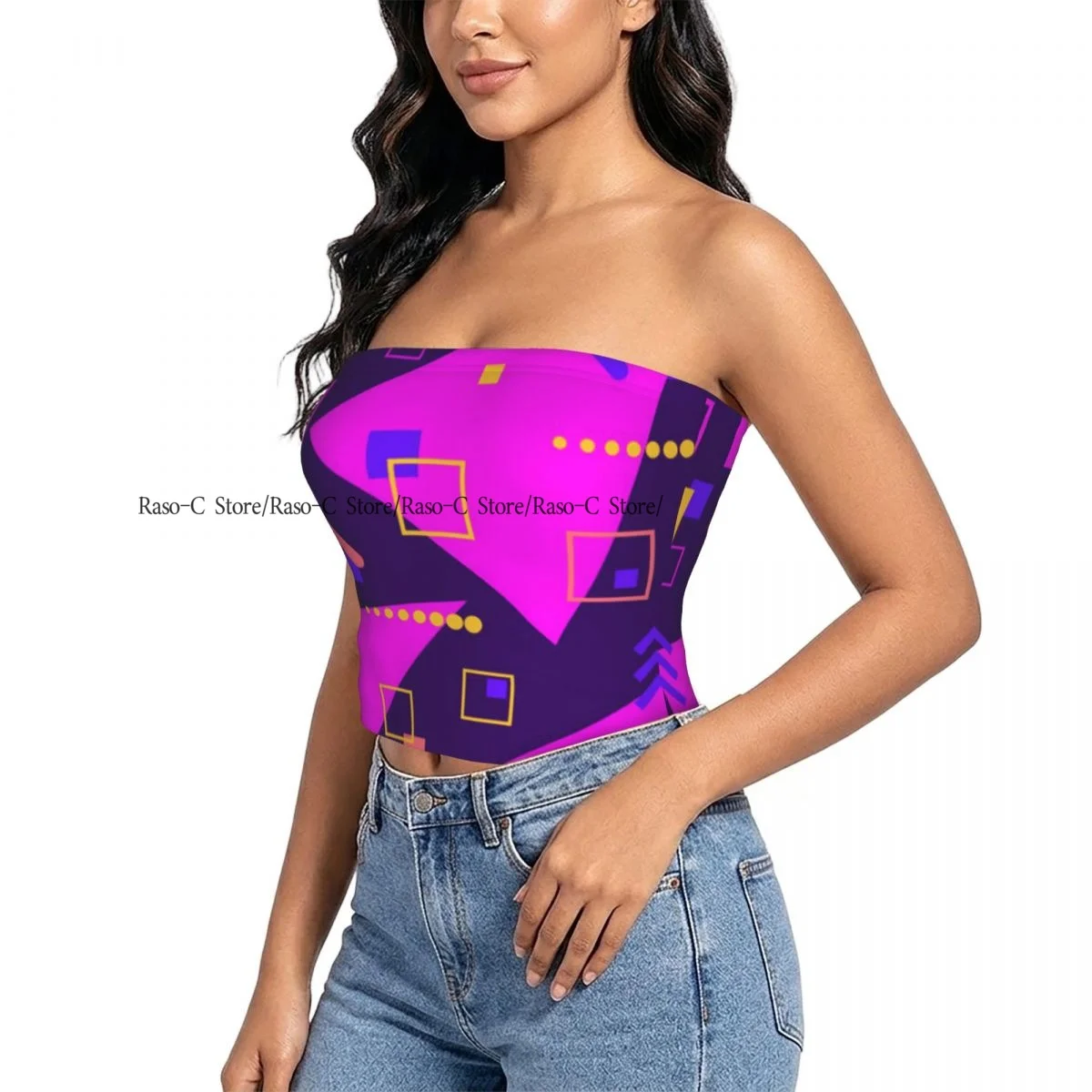 Women Block Crop Slim Tube Top Geometric 80s Memphis Colorful Design Strapless Top For Summer Female Clothing