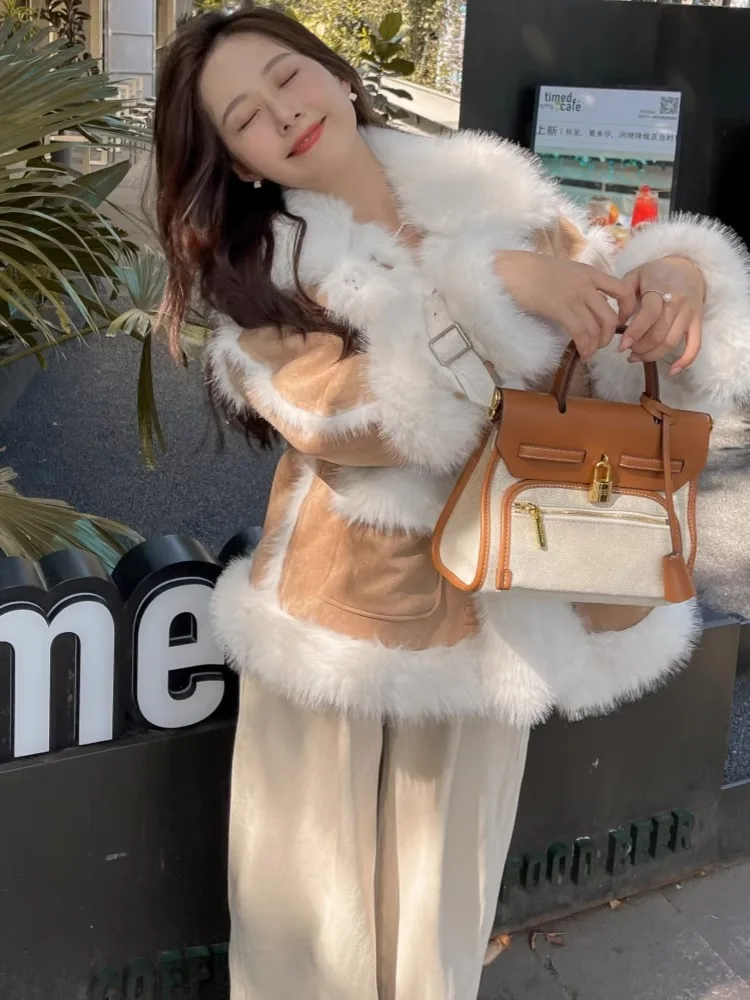 

Chic Women Faux Fur Patchwork Coat Fashion Casual Lapel Single Breasted Loose Outerwears Lady Winter Daily High street Jackets