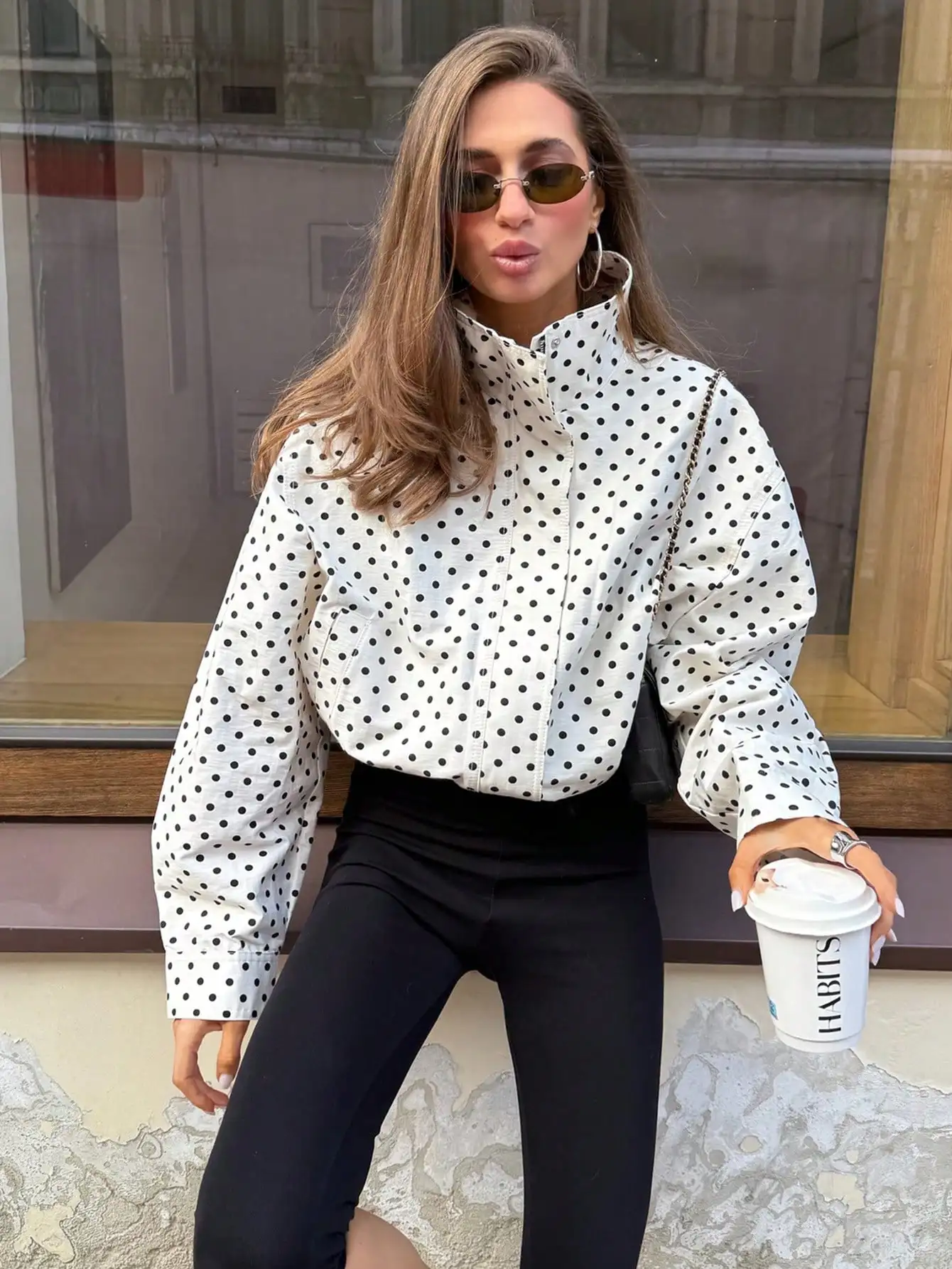 

Women's Polka Dot Long Sleeve Stand Collar Zipper Jacket - Casual Autumn Fashion