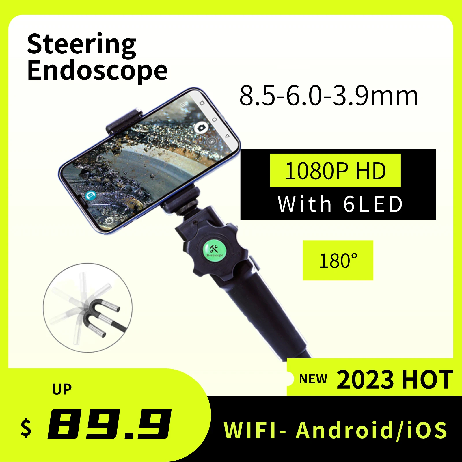 

3.9/6.0/8.5MM Newest 180 Degree Steering Industrial Borescope Endoscope Cars Inspection 1080P Camera With LED for iPhone Android