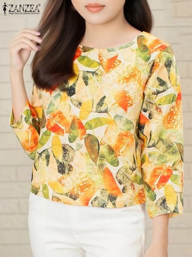 2025 ZANZEA Bohemian Blouse Oversized Women Autumn Print Shirts Fashion 3/4 Sleeve Casual Loose Tunic Tops Ladies Vintage Blusas