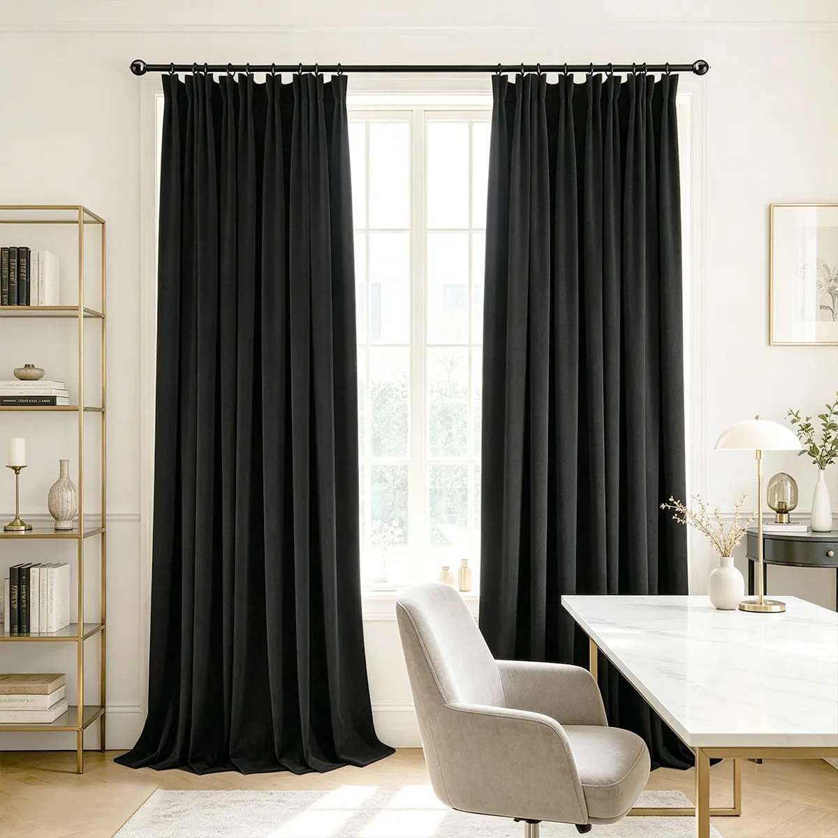 Black Velvet Blackout Curtains 2‑Pack, Pinch Pleat Hook Top Drapes, Modern Solid Curtain for Bedroom Living Room Home Decor