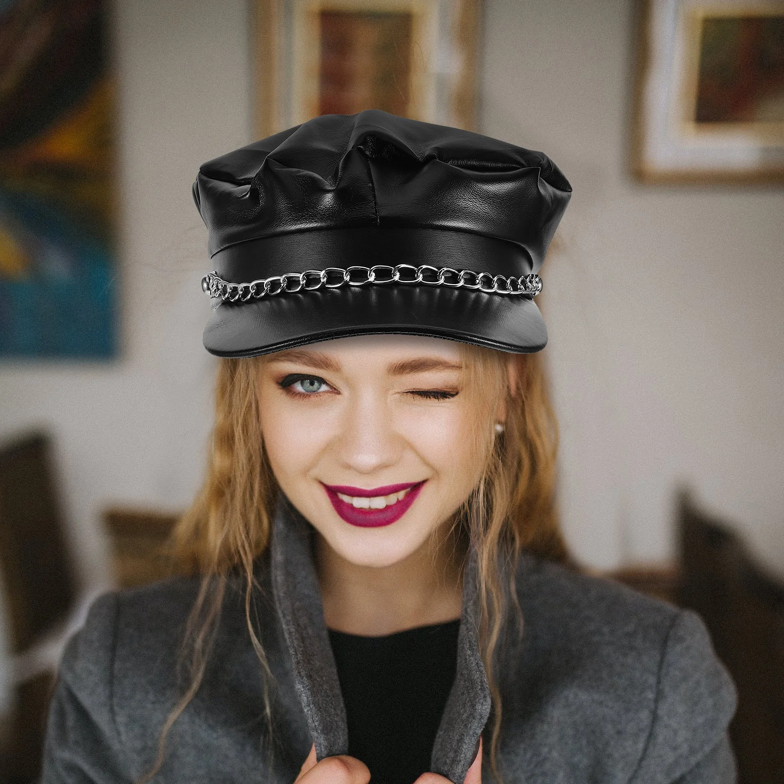 

Navy Cap Vintage Pu Flat Top Sailor Hat Chain Decoration Men Women Fashion Party Travel Accessory Sailor Ship Cap