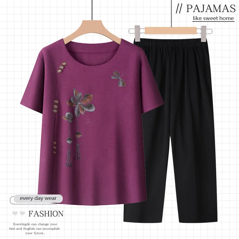 Grandma Summer Pajama Sets Round Collar Home Wear Thin Pijama Feminino Short sleeve Sleepwear T-shirt Women Pyjama Pour Femme