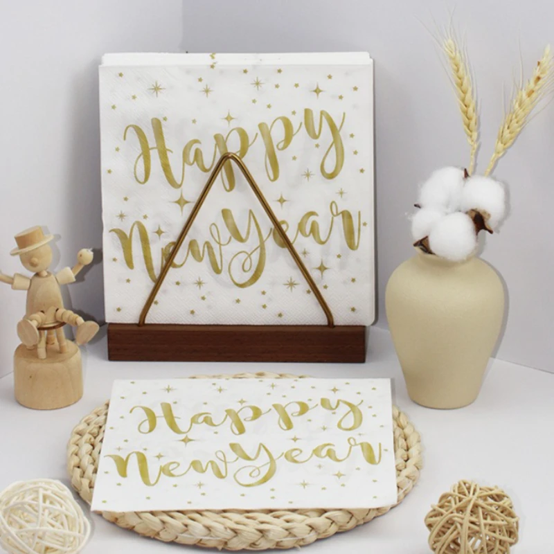 10/20pcs Disposable Happy New Year Party Supplies Christmas Table Decorations Celebration Gold New Year Napkins Decoupage Paper