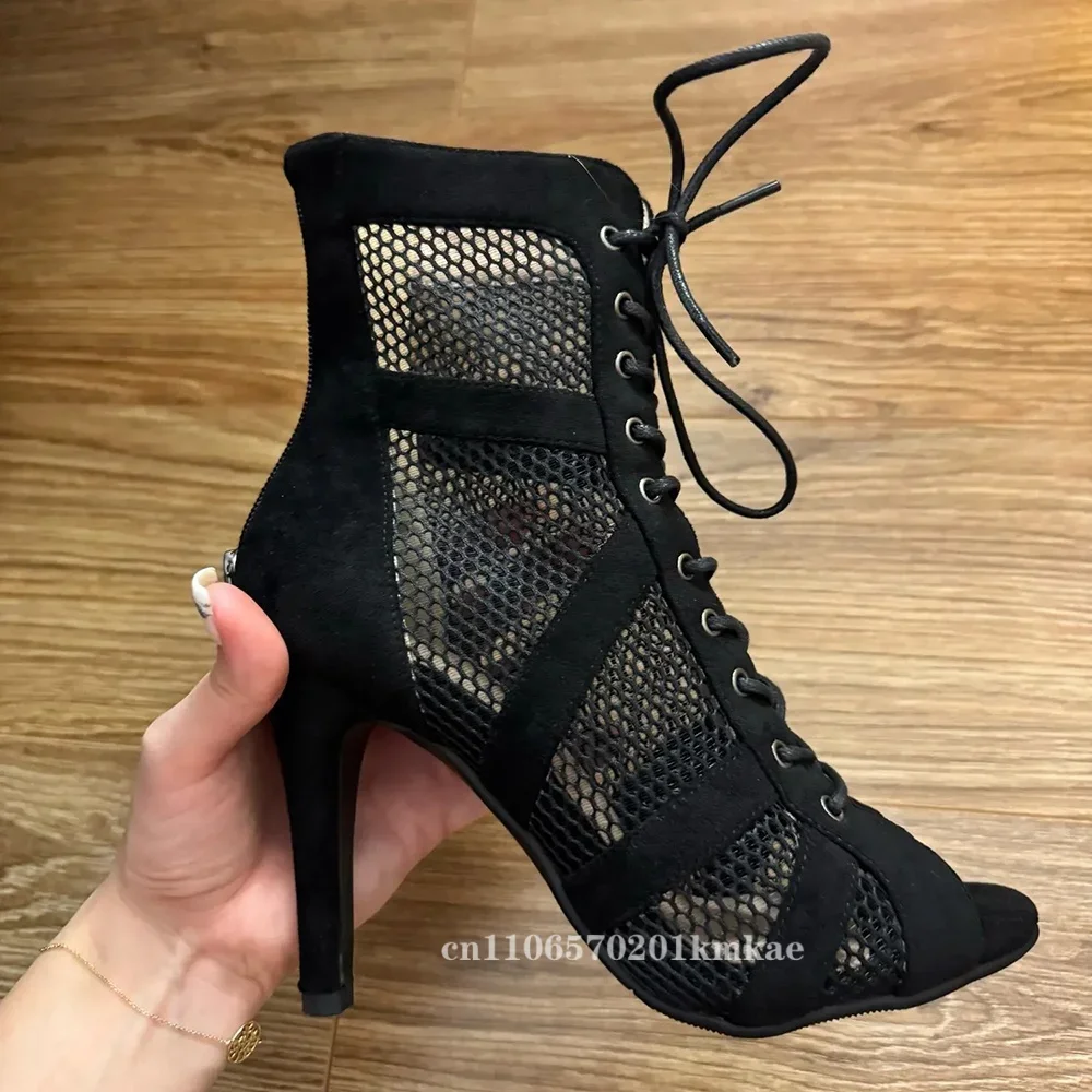 Black Sexy Lace Up Cross-tied Women Latin Dance Shoes High Quality Thin Heels Open Toe Dancing Sandals 7CM/10CM Hollow Out Pumps