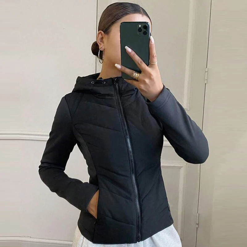 HXAO Chaqueta de mujer Chaqueta acolchada negra Mujer Demi-Season Nuevo en abrigos y chaquetas Chaqueta acolchada ligera con capucha de manga larga con cremallera