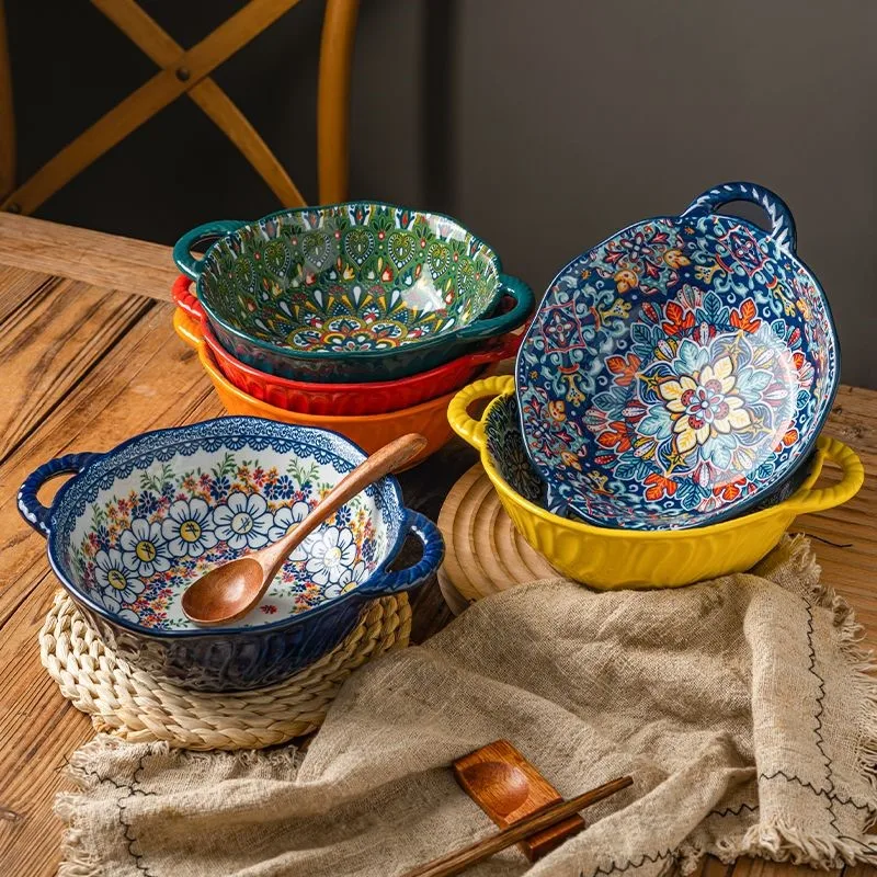 Bohemian Style Double Ear Soup Bowl Household Ceramics Fruit Salad Bowl Instant Noodles Bowl Luosifen Large Bowl Soup Bowl ZF695