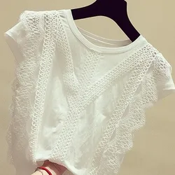 Women Summer Tops Crochet Lace Tees Sexy Vintage Sleeveless Vest Tank 5XL T Shirts Loose Blouse Casual Tees