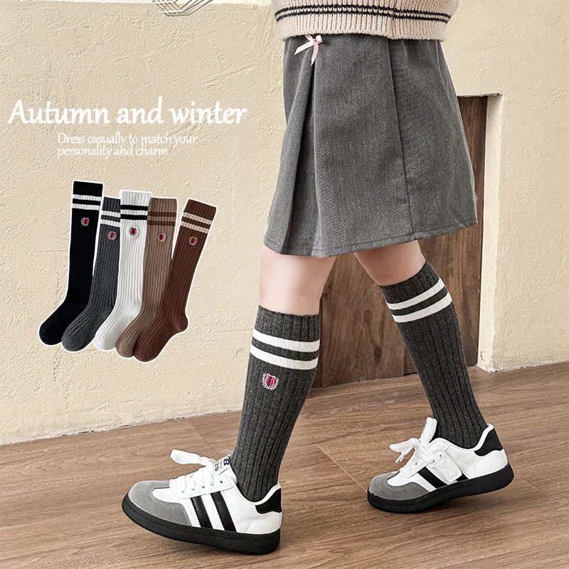 Academy Style Children Long Socks Korean Fashion Embroidery Badge Double‑Stripe Knee High Socks For Boys And Girls Elastic Socks