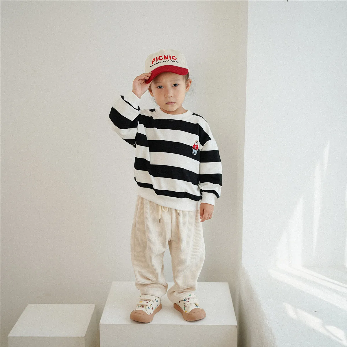 2024 Autumn New Children Casual Sweatshirt Bear Embroidery Baby Boys Long Sleeve Tops Girls Striped Pullover Kids Cotton Clothes