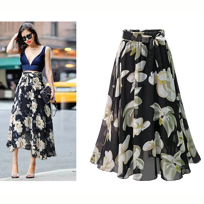 Plus Size Print Floral Skirt Women 2024 Summer Loose Elastic High Waist Chiffon Midi Skirts Lace Up Bow L-5XL Swing Jupe Femme