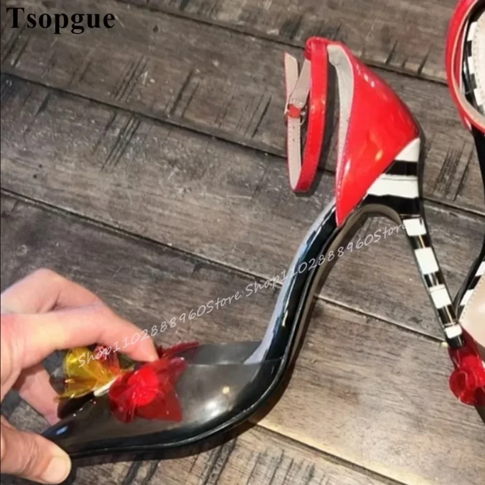 

Mixed Color PVC Flower Decor Sandals Thin High Heel Women Shoes Ankle Buckle Strap Pointed Toe Stylish Party Exquisite Sandals