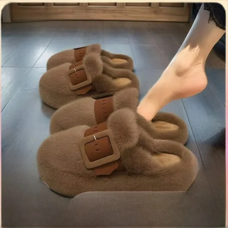 

Женские плюшевые тапочки, осень-зима 2026, новая обувь на толстой платформе, модные домашние нескользящие теплые хлопковые тапочки