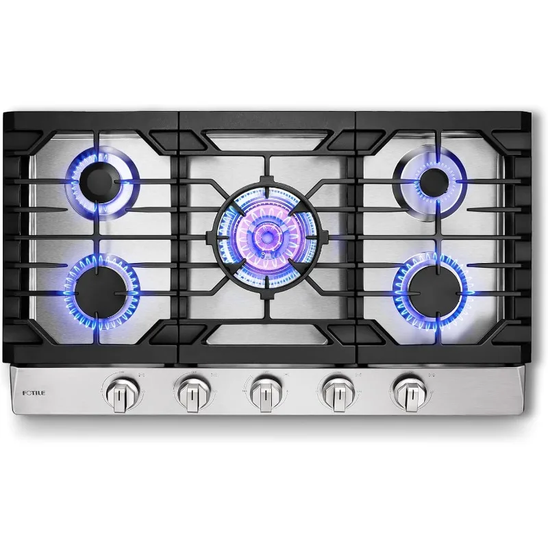 FOTILE GLS36502 36” Stainless Steel 5-Burner Gas Cooktop, Tri-Ring 22,000 BTUs Center Burner with Flame Failure Protection