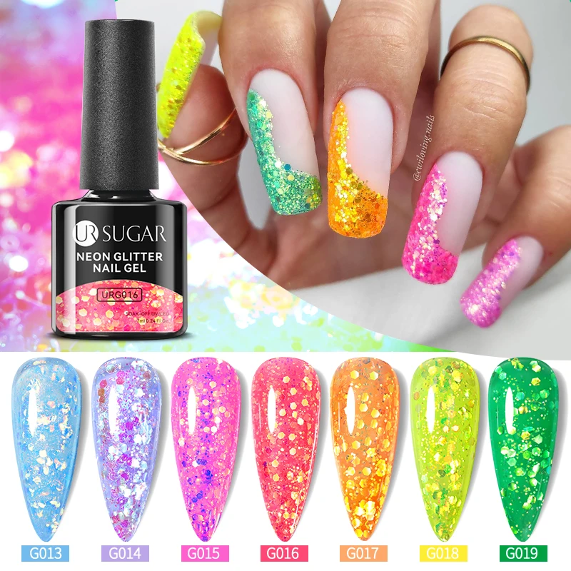 Ur sugar-esmalte gel uv, neon, glitter, laser, forma irregular, lantejoulas, fluorescentes, brilhantes, embeber off, led, 7ml