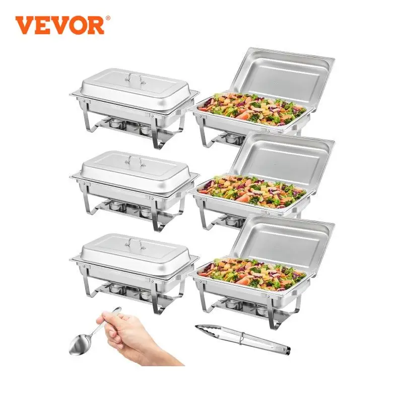 VEVOR 6 Packs 8QT Rectangle Chafing Dish w/ Full Size Pans Buffet Catering Warmer Server Folding Stand Fuel Holder Tray