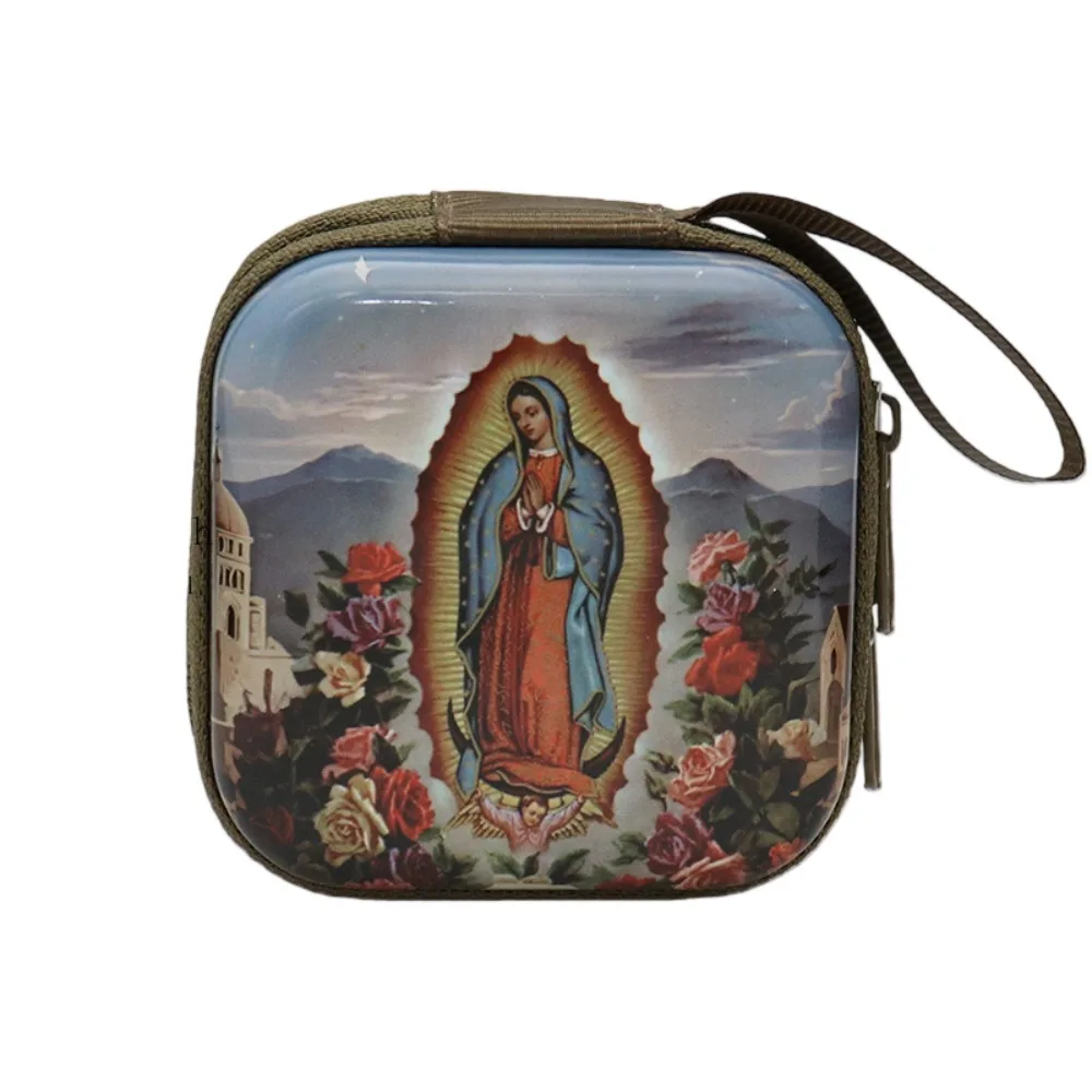 Virgin Mary Prayer Rosary Storage Bag 7x7cm Zippered Religious Jewelry Box Elegant Cartoon Prayer Kit Religious Articles
