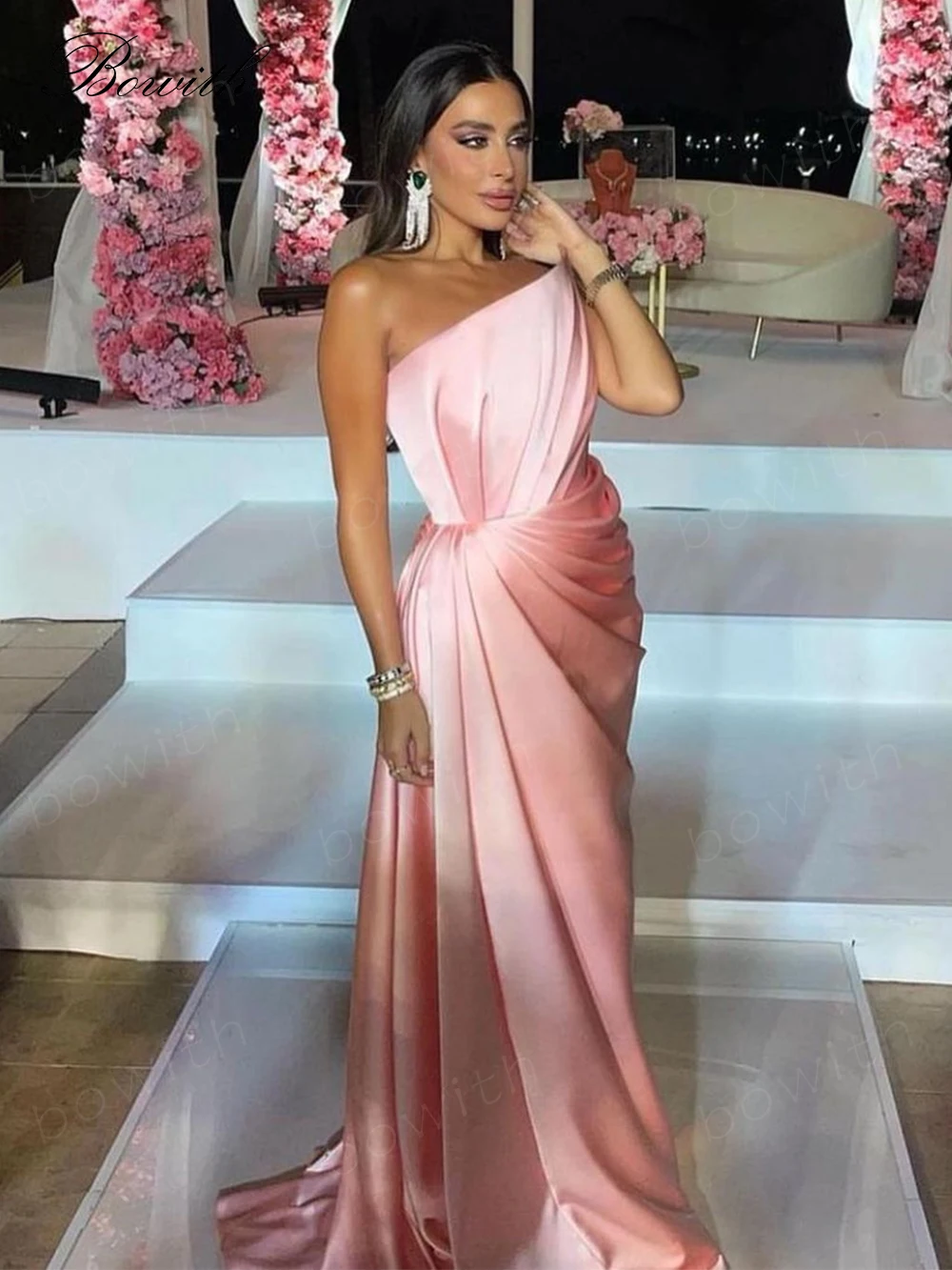 Bowith Blush Evening Dresses Pleats One Shoulder Party Dress for Women Elegant Prom Dresses Formal Pccasion Dresses