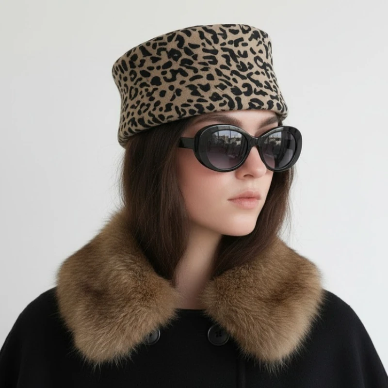 USPOP 100% Wool Leopard Print Pillbox Hat for Women Vintage French Style Structured Winter Fashion Hat Elegant Party Cap