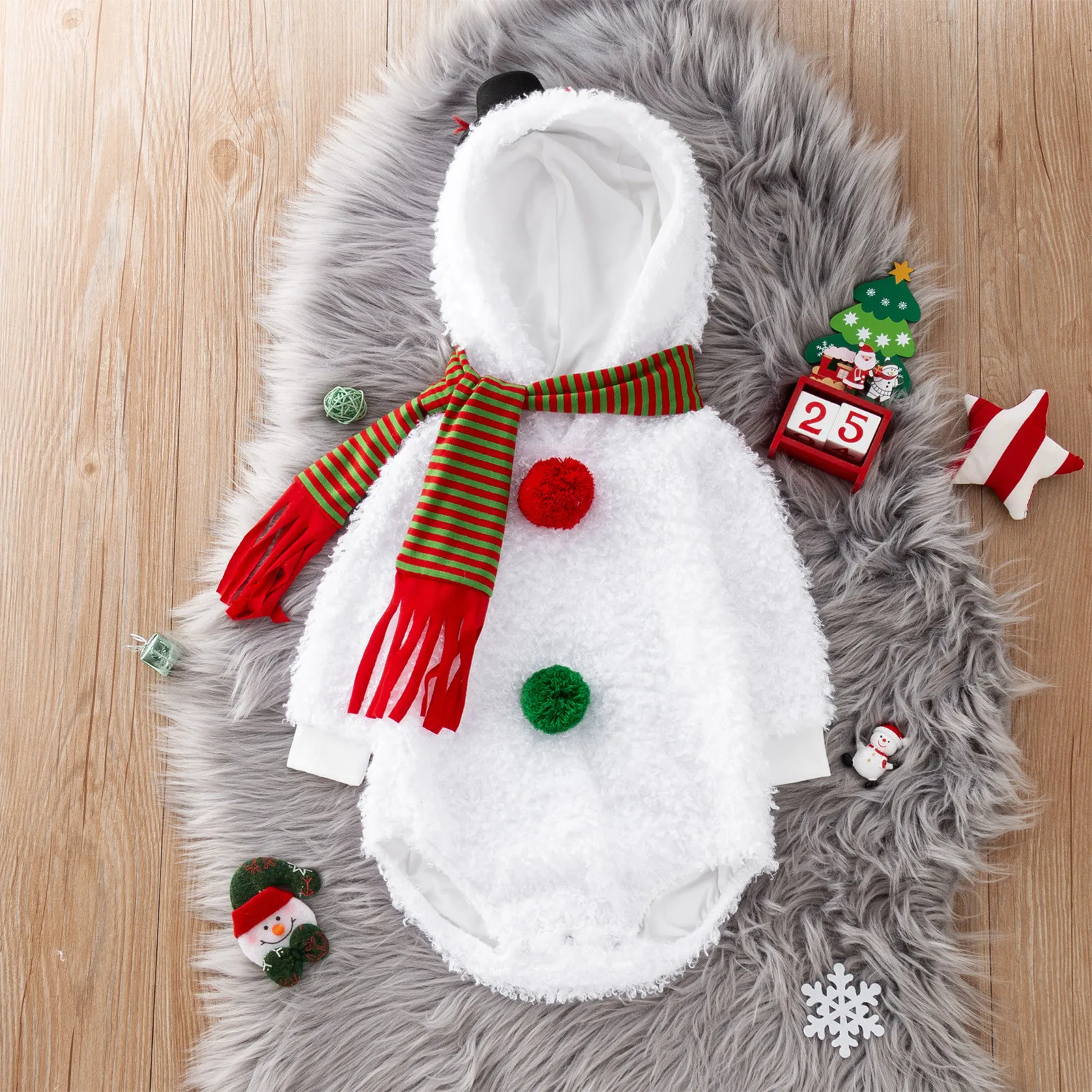 Merry Christmas Infant Baby Romper Suit Boys Girls Long Sleeve Xmas Cosplay Costume Snowman Fleece Hoodie Jumpsuit+Scarf Set