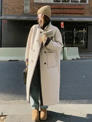 LANMREM Long Lamb Fur Coat Women's Lapel Long Sleeves Double Breasted Color Contrast Coats 2024 Winter New Clothing 2Z3012