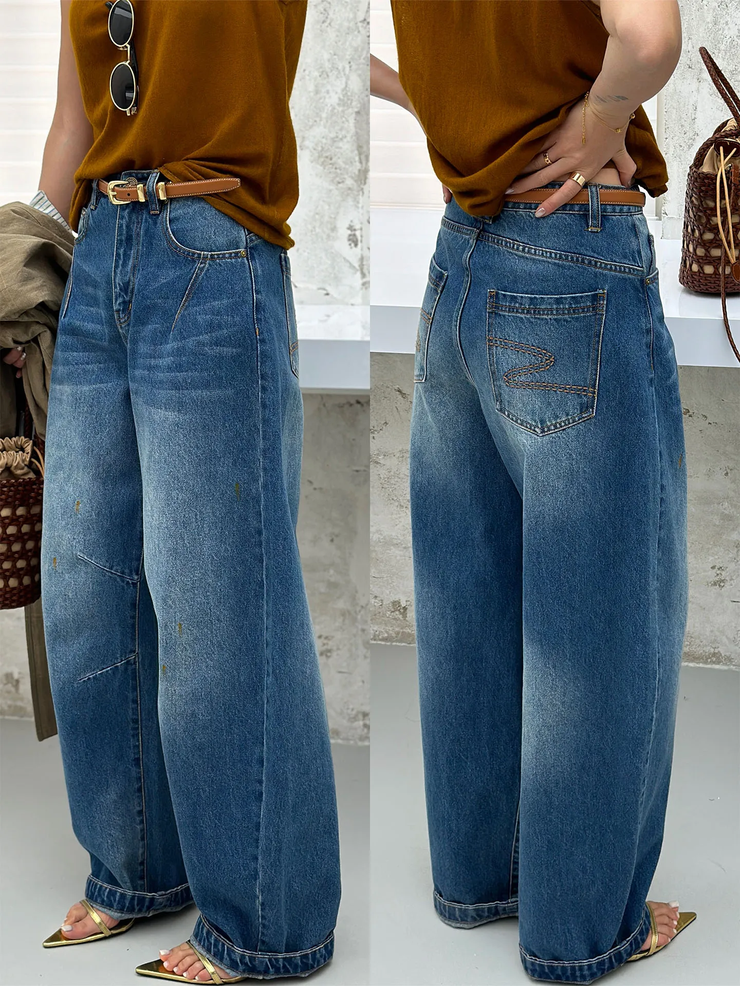 

Bodhl High Waist Bananas Pants American Retro Splaed Ink Design Faionable Spring Cotton Denim Trousers for Women