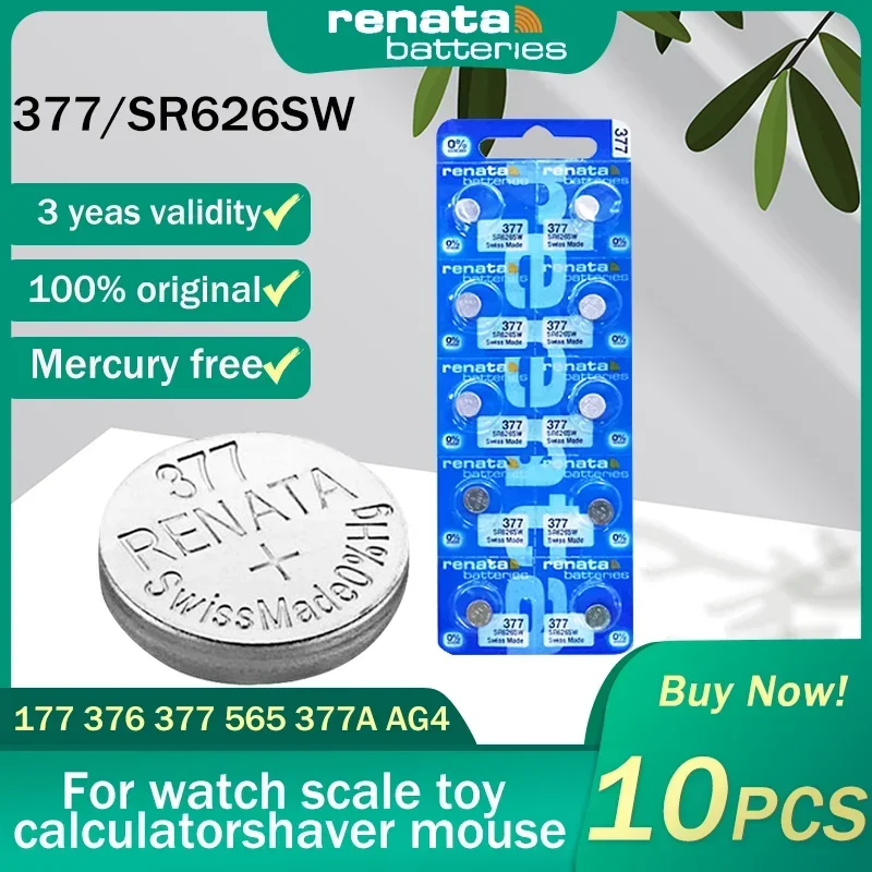 10PCS 100% Renata 377 SR626SW AG4 LR626 1.55V Silver Oxide Watch Battery SR66 V377 For Scale Watch Swiss Made Button Coin Cells