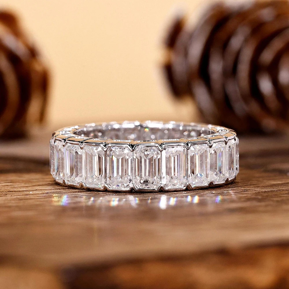 BXINY Half Bezel Set 3*5mm Emerald Cut Moissanite Eternity Ring 925 Sterling Silver for Women Hiphop Row Band Gifts Fine Jewelry