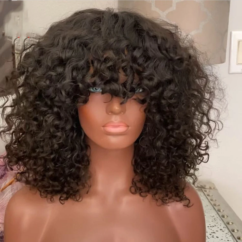 180Density 26“ Long Soft Glueless Natrual Black Kinky Curly Machine Wig with Bangs For Women BabyHair Preplucked Heat Resistant