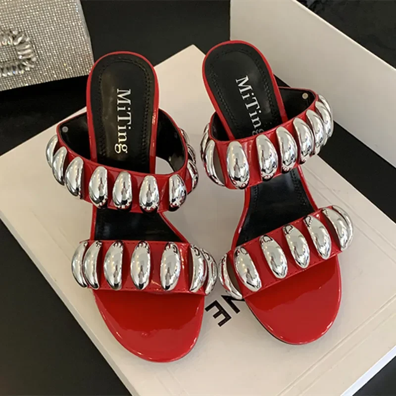 

Luxury Metal Decorative Mules Slippers Women Summer Sexy Open Toe Elegant Thin High Heels Pumps Patent Leather Slide Sandals