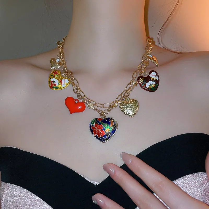 

Minar Exaggerated Multicolor Spray Chunky Heart Pendant Necklaces for Women Gold Plated Double Layered Hollow Link Chain Chokers