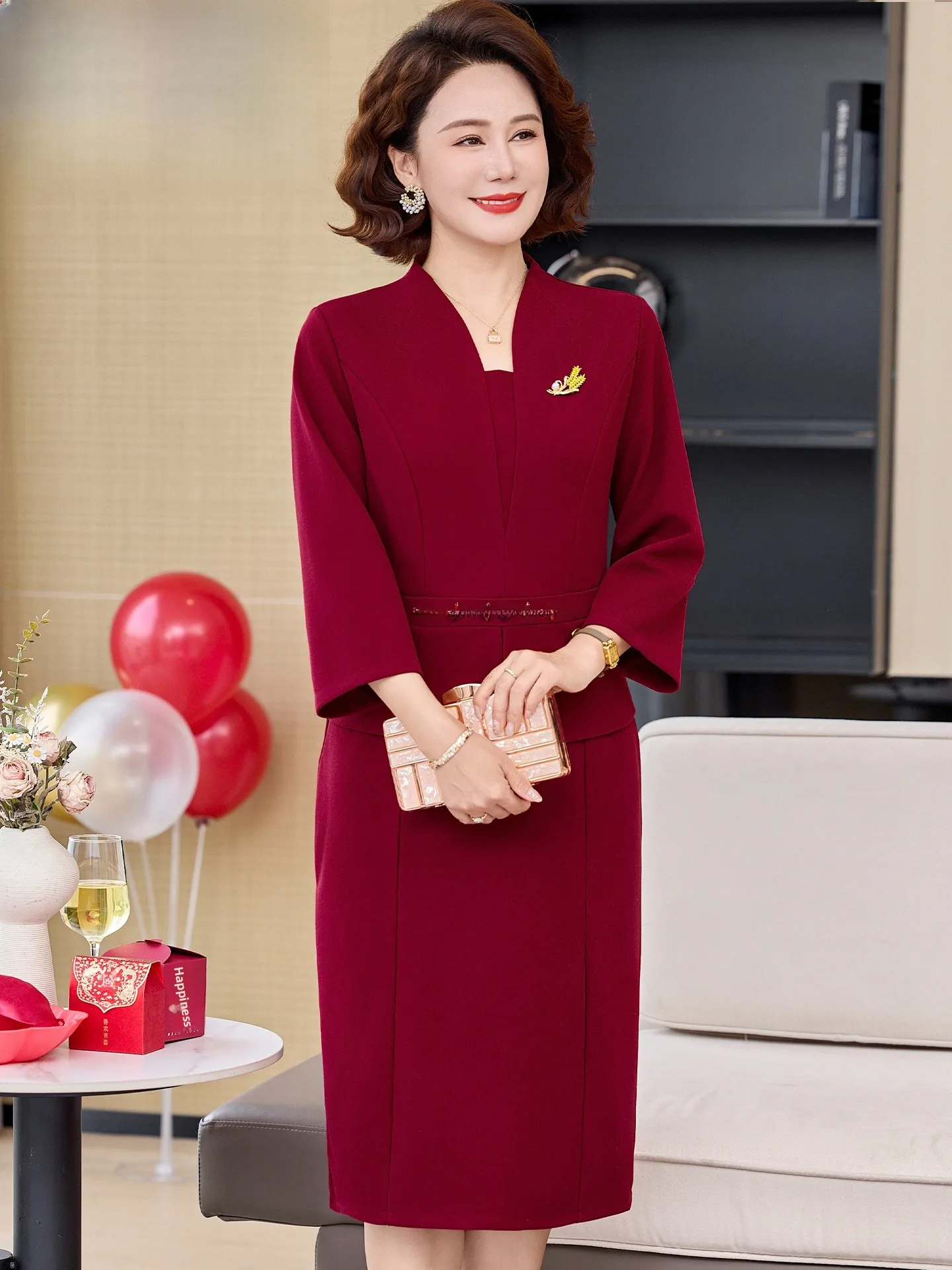 

Spring New Wedding Dr for Mommy Mid-aged And ly Women Comfortable Breathable Polyester Fiber V-ne Long Sve Dr