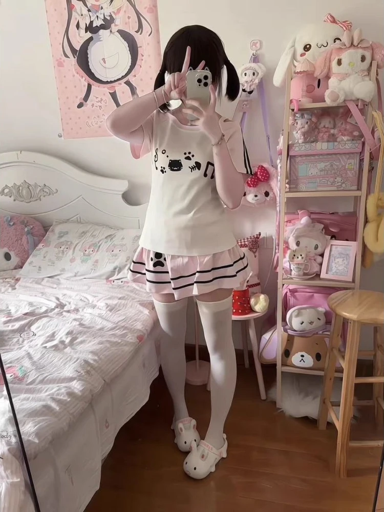 Japanese 2 Piece Set Women Cute Cat Print Kawaii Subculture Style Short Sleeve Tops A-Line Mini Skirt Sweet Lolita Outfit Summer
