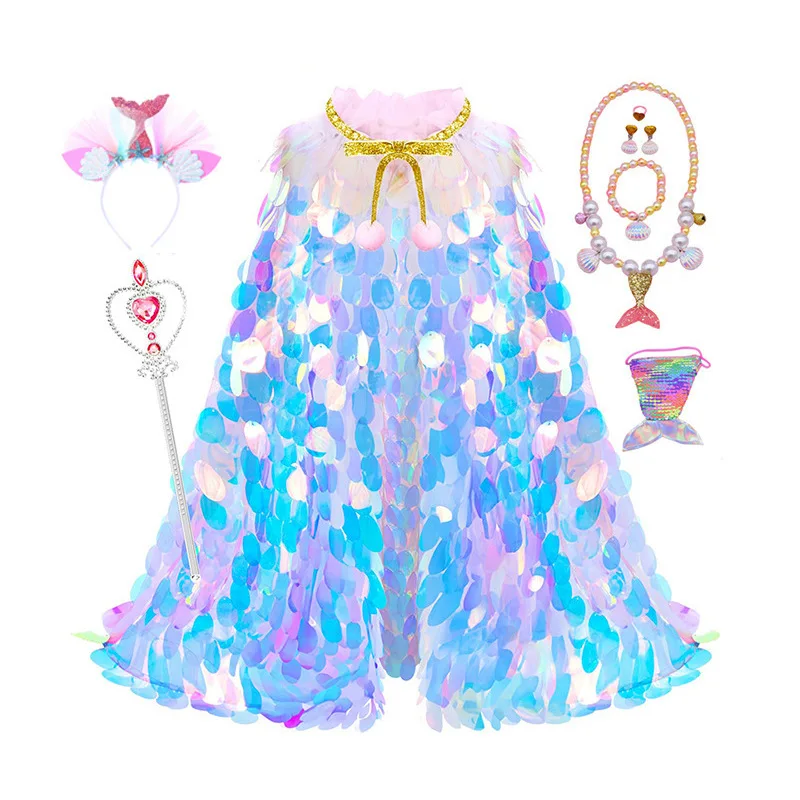 

Halloween Mermaid Cosplay Costume Kids Girl Scale Cape Tutu Skirt Crown Stage Performance Party Show Dress up Suit 2025
