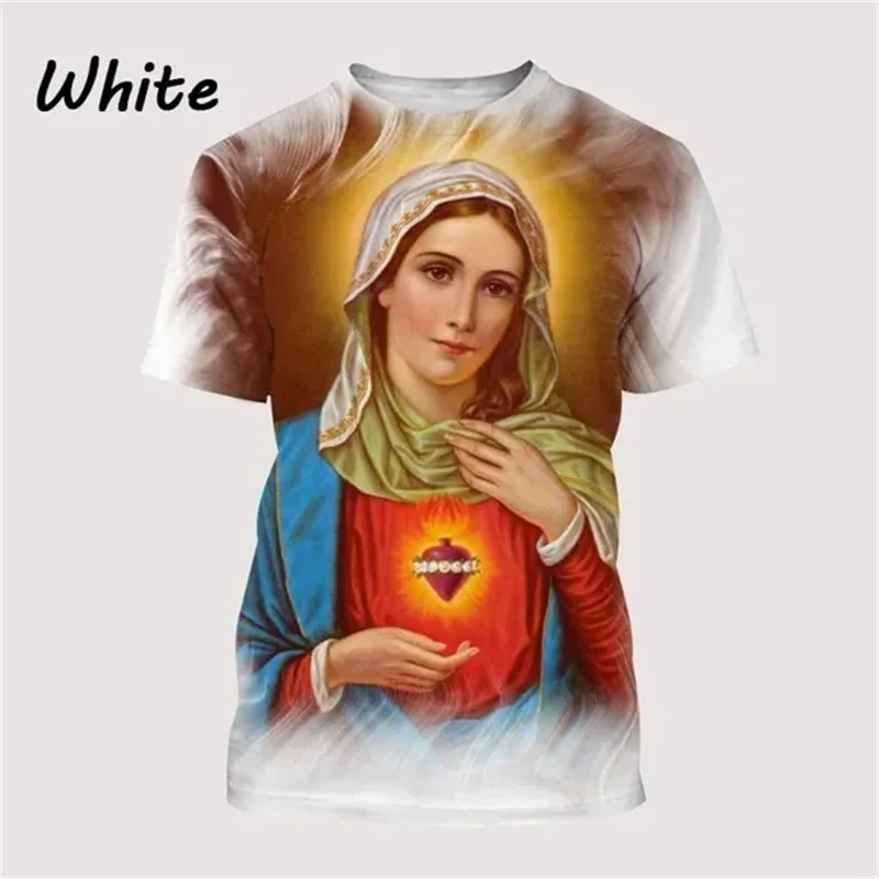 Mother Of Jesus Virgin Mary Tshirt For Men 3d Printed Short-sleeved Christian Belief Tee Tops Round Neck Oversized Mens Tshirt