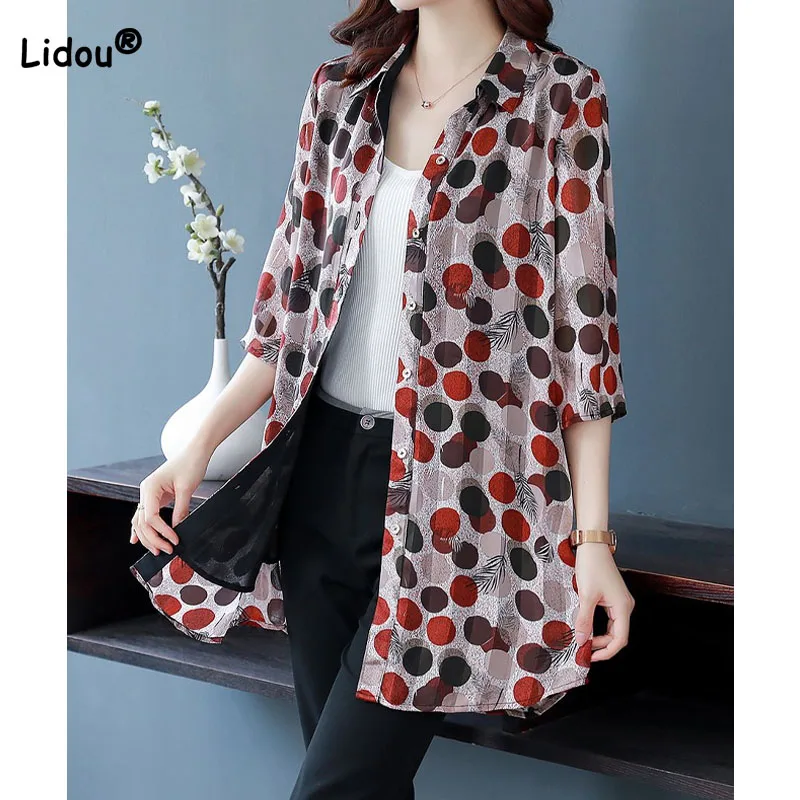 Summer New Women\'s All-match Polo-Neck Chiffon Shirt Female Clothing Fashion Single-breasted Casual Polka Dot Printed Blouse