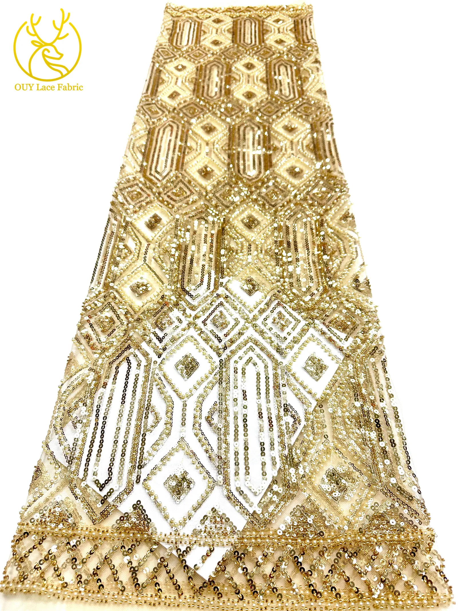 Gold Luxuriöser Afrikanischer Perlen-Spitzenstoff 2026 Hochwertiger Französischer Nigerianischer Mesh-Pailletten-Spitzenstoff für Party-Abendkleider Nähen – Detail 15