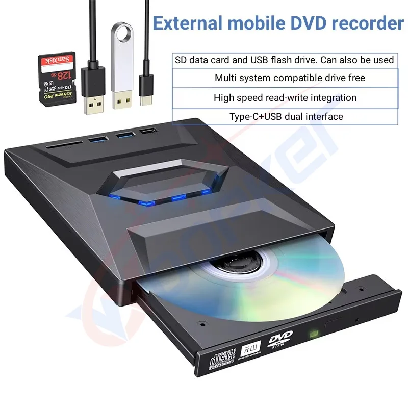 Woopker USB3.0 Type C External CD DVD VCD Optical Drive 3-in-1 Multi-Function SD Card U Disk Player Read Speed CD Rom 24X CD-RW