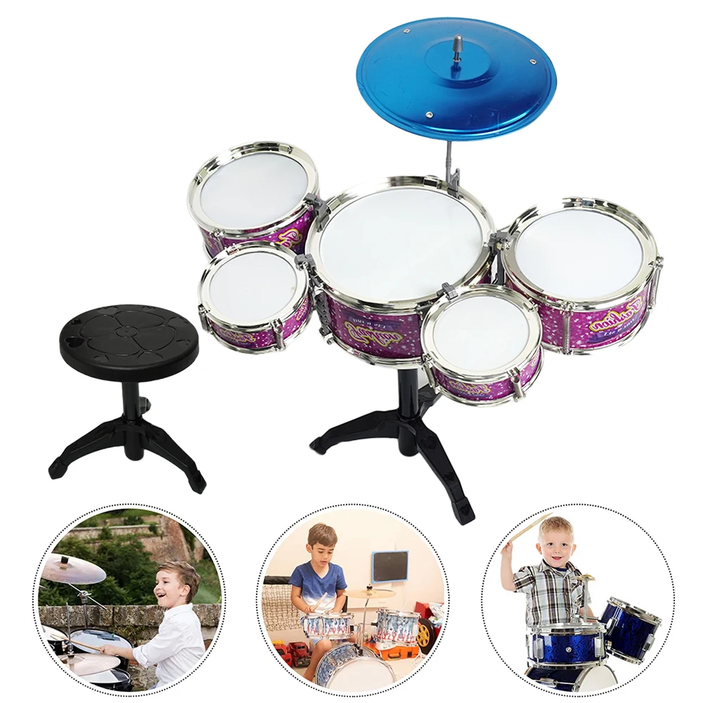 Jazz Drum Set Kids 5 Drums With Small Stool Drum Stick Set Desktop Music Instrument Educational Toy Beginners Baby Gifts