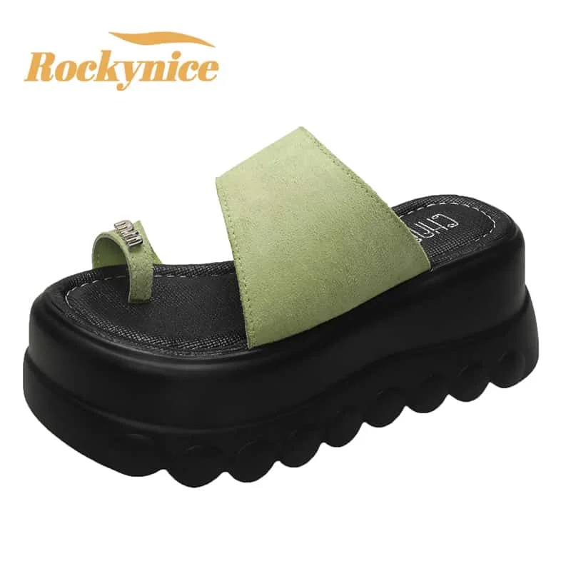 7.5CM Women High Platform Slippers New 2026 Summer Beach Flip-Flops Ladies Wedge Heels Flock Shoes Woman Outside Chunky Sandals