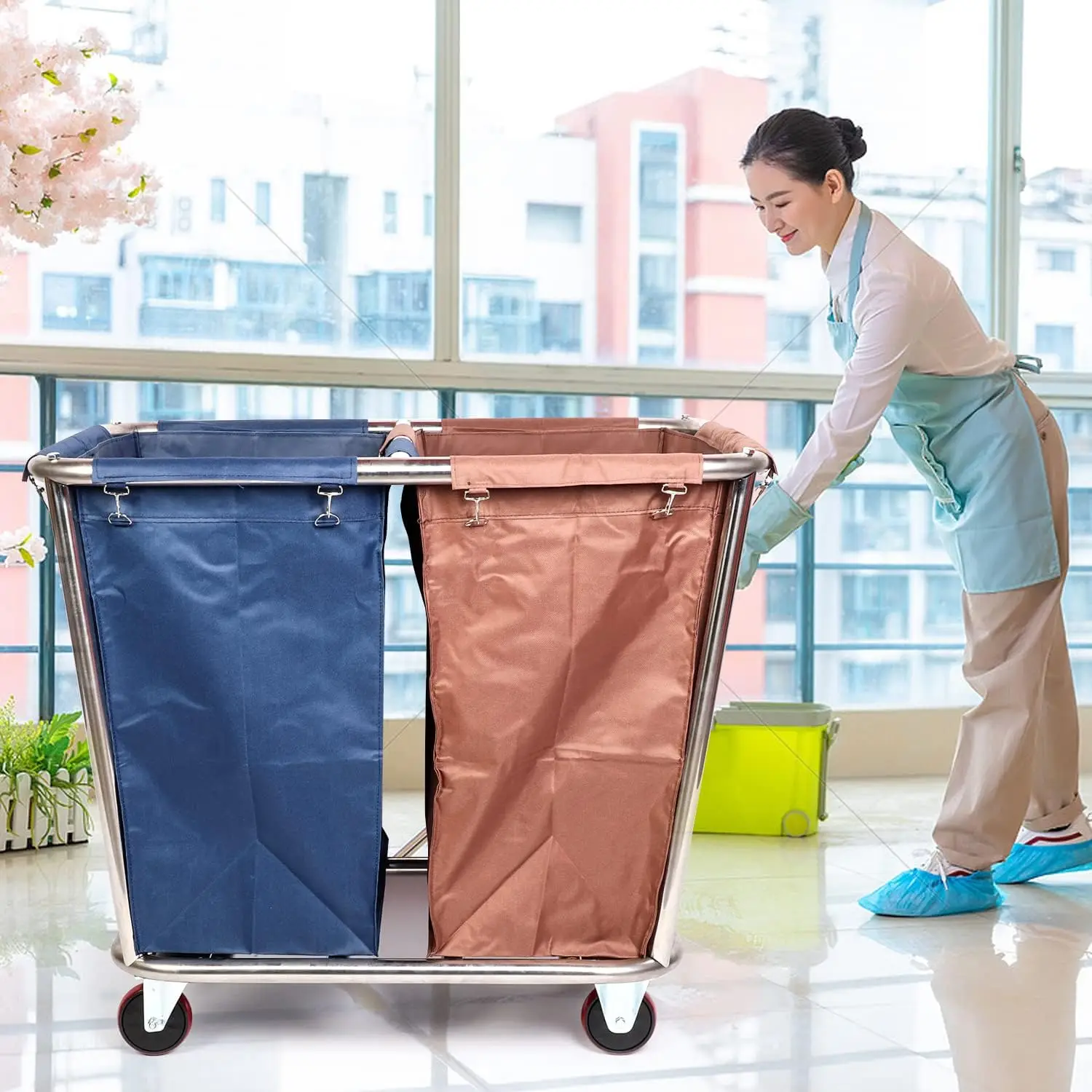 Rolling Laundry Sorter Cart 2 Bag, Commercial Laundry Hamper Basket Cart with Heavy Duty Lockable Wheels and Removable Bags