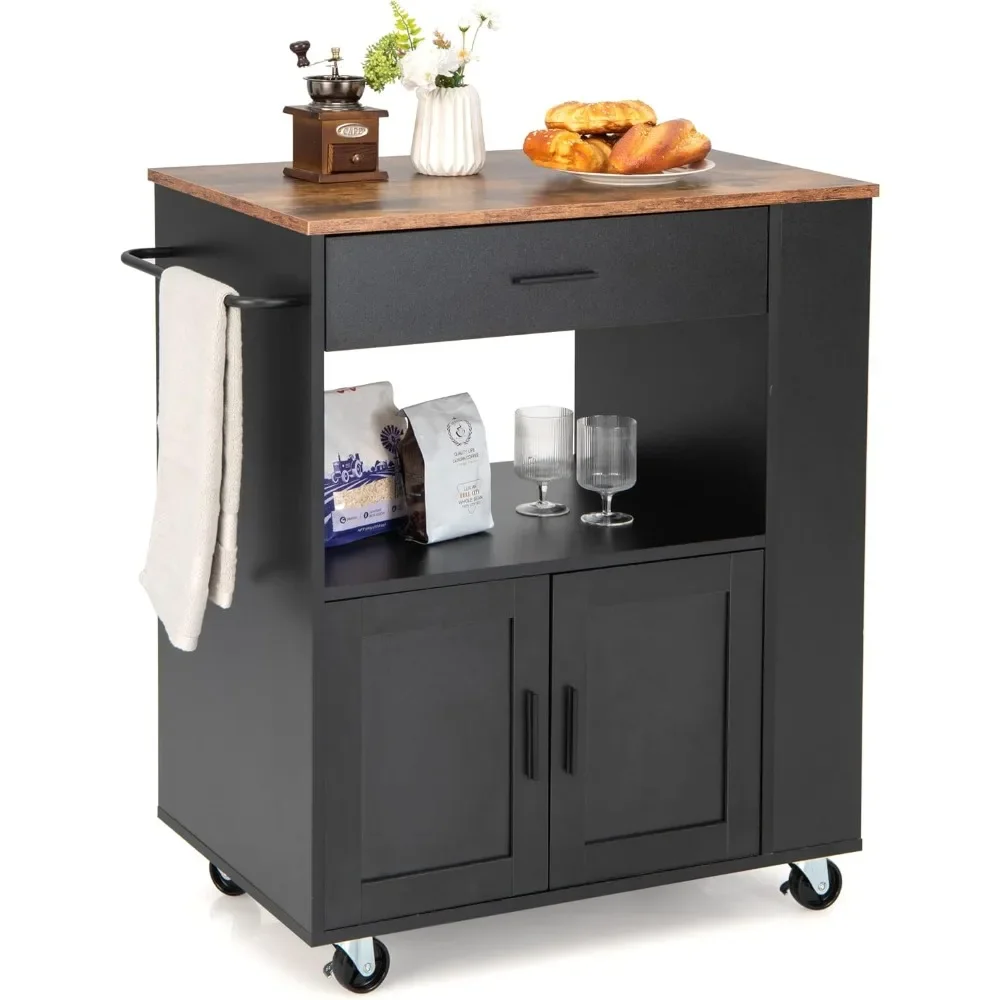 Kitchen Island on Wheels, Kitchen Trolley Cart with Towel Rack & Spice Rack, Rolling Kitchen Island with 2 Lockable Wheels