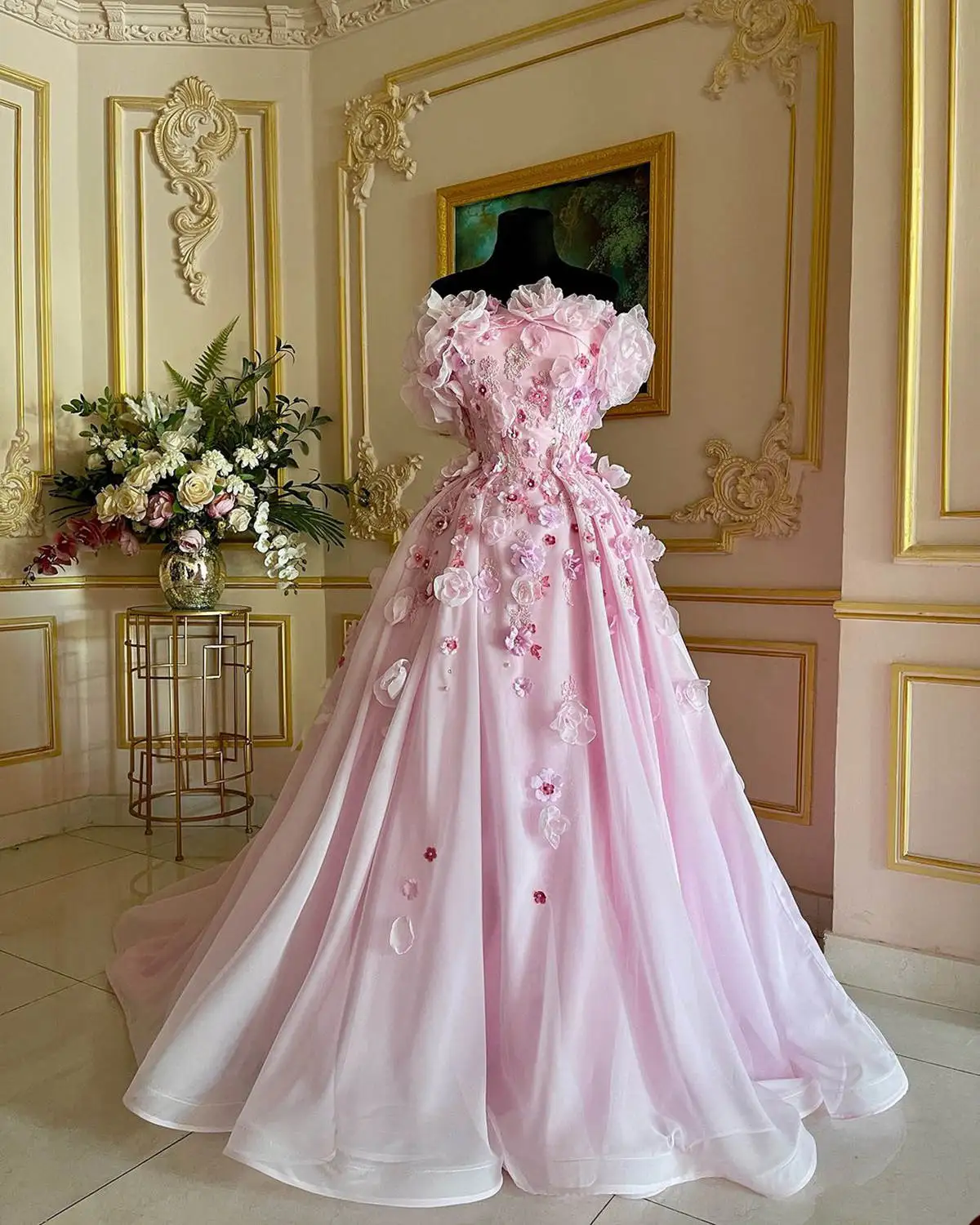 Pink Prom Gowns 3D Appliques Beaded Crystal Birthday Evening Dresses Dress Hand Made Flowers Robe De Bal