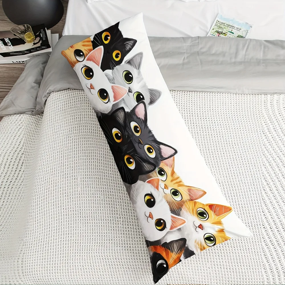 1pc Cute Cat Cartoon Print Long Pillowcase - Multi-Color Cat Face Design, Machine Washable, Double-Sided Print, Zipper Closure,