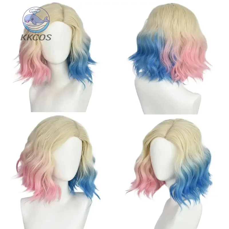الأزرق والوردي شعر مستعار تأثيري النساء فتاة قصيرة شقراء مع شعر أومبير قصير الاصطناعية بوب موجة الشعر KKCos #5