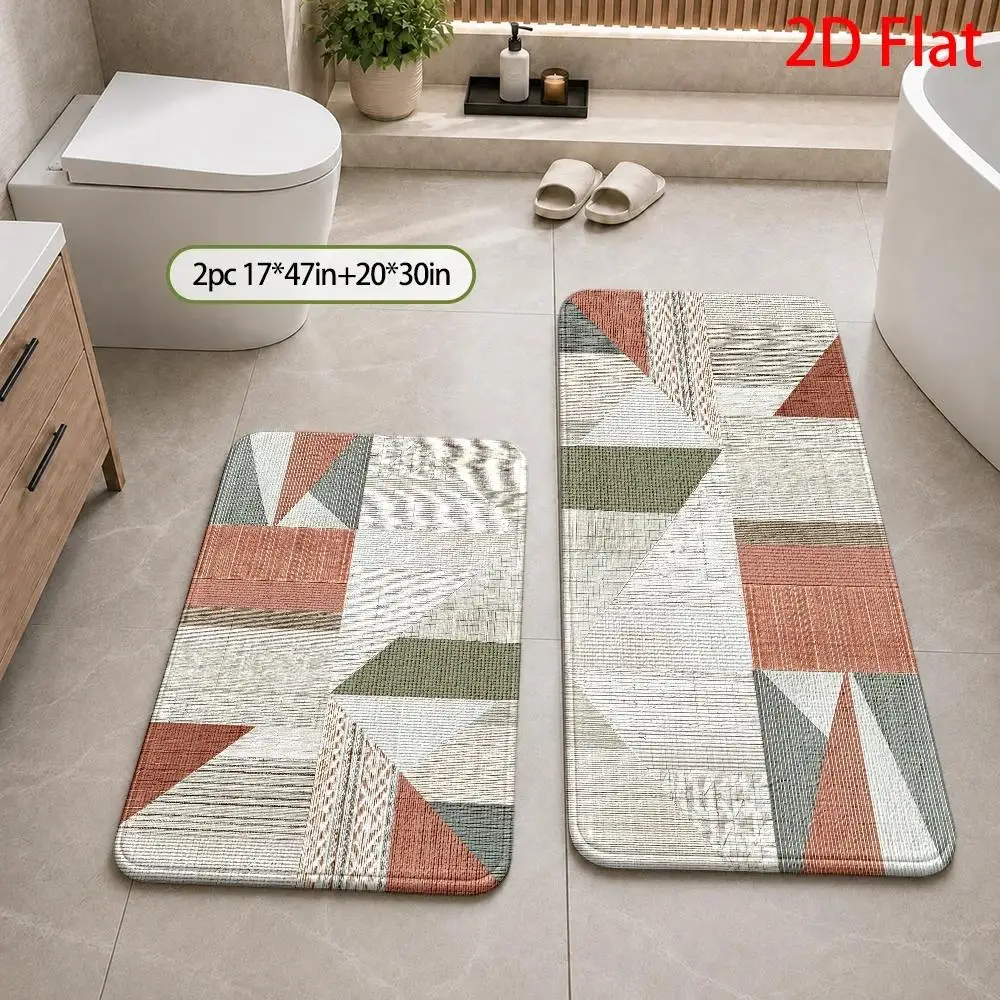 1pc, 2pcs, 3pcs, 2D Flat, Modern Geometric Pattern Bath Rug Sets, Abstract Artistic Bathroom Mat, Minimalist Design Style, Trendy Home Decor, Absorbent, Quick-Drying, Soft & Comfortable,, Machine Washable, 2D Flat