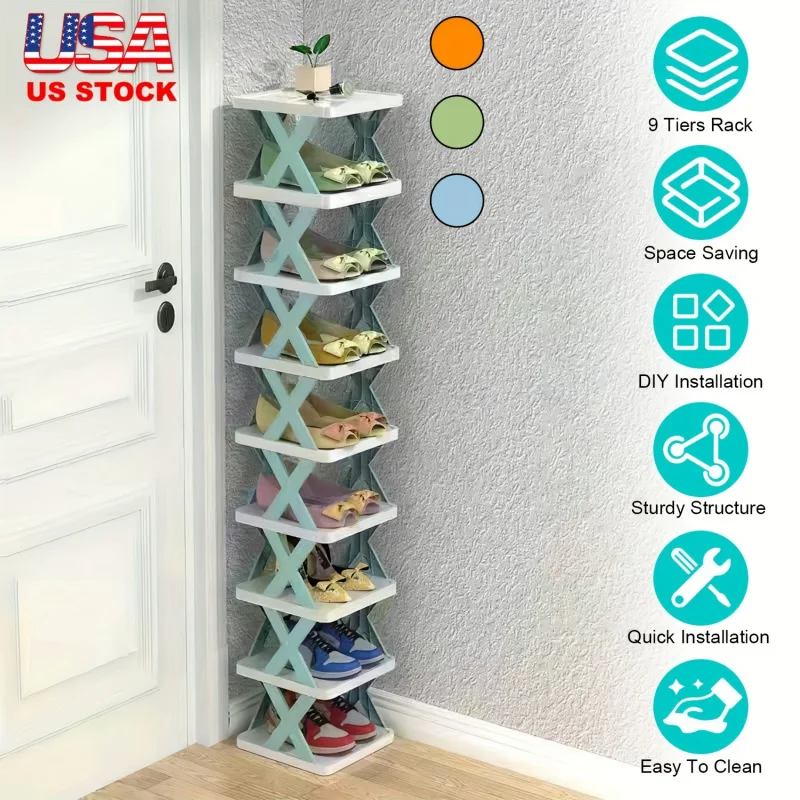 9/5-tier narrow entryway shoe rack, plastic vertical shoe organizer, space-saving, freestanding shoe storage shelf.