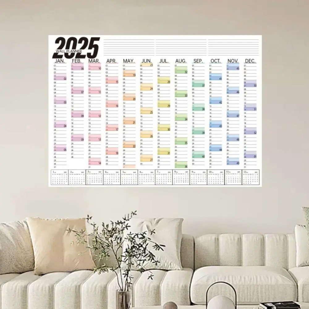 Folha de planejador de calendário dobrável 2025, calendário de parede de planejamento decorativo de plástico com adesivos coloridos, organizador de programação